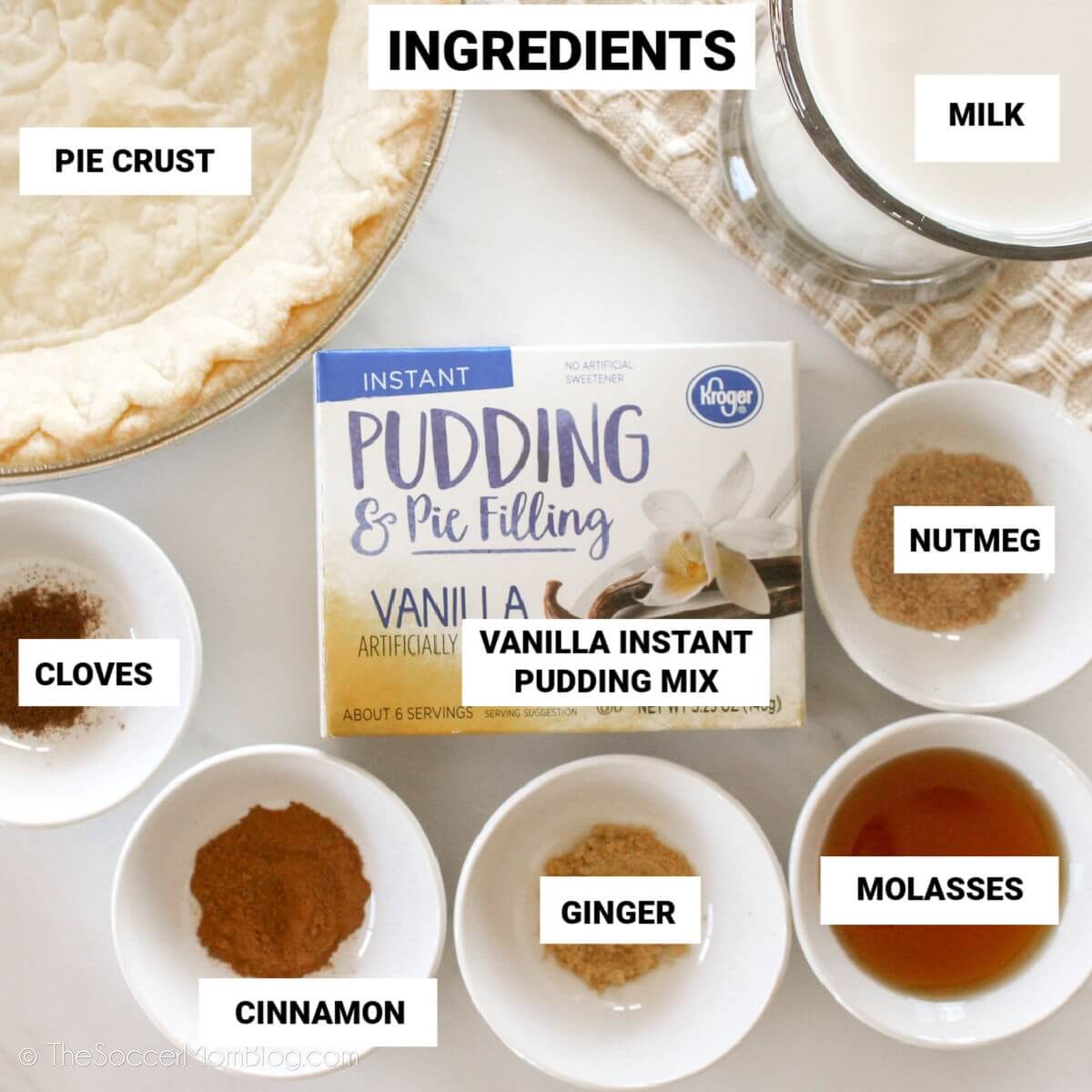 ingredients to make a gingerbread cream pie, with text labels