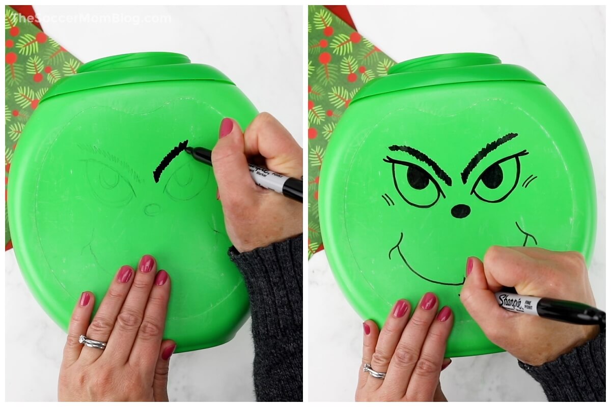 2 photo collage showing how to draw a Grinch face on a green laundry pod container