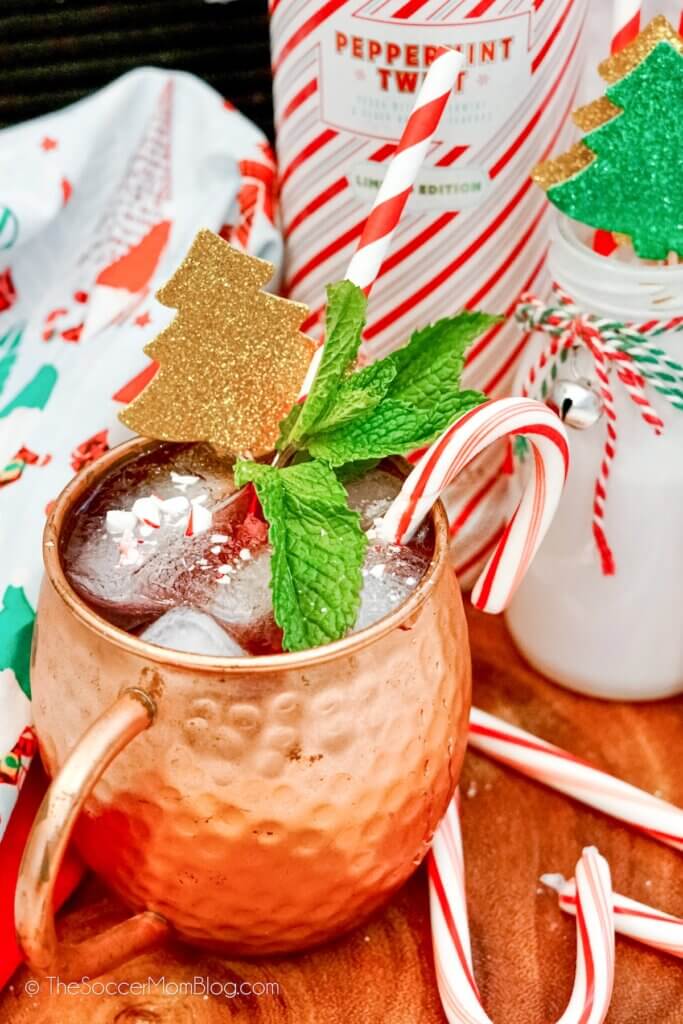 Peppermint Holiday Mule in copper mug with a candy cane garnish