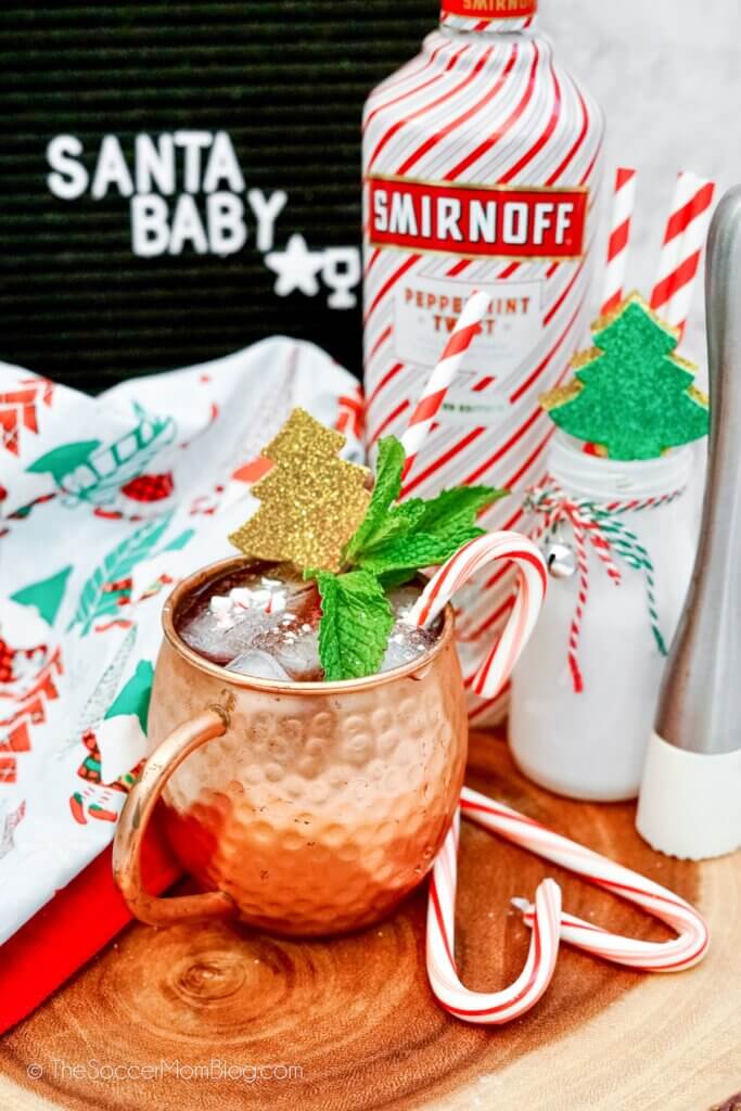 Christmas Moscow Mule surrounded by holiday decor