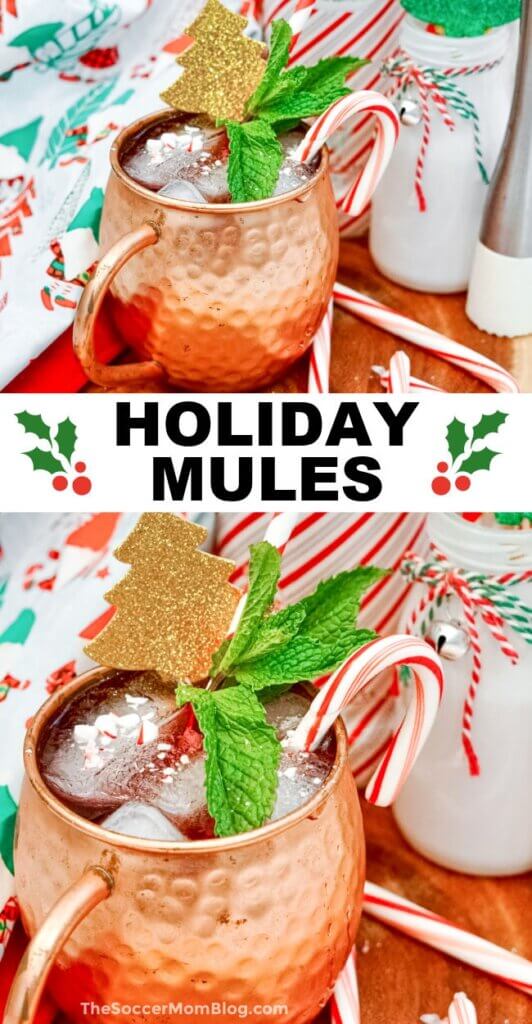 Peppermint Holiday Mule Pinterest Image, with 2 photos and text overlay of recipe name