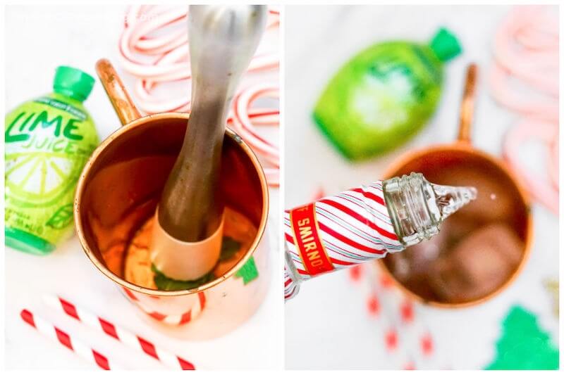 2 step photo collage: muddling mint in copper mug and pouring in vodka