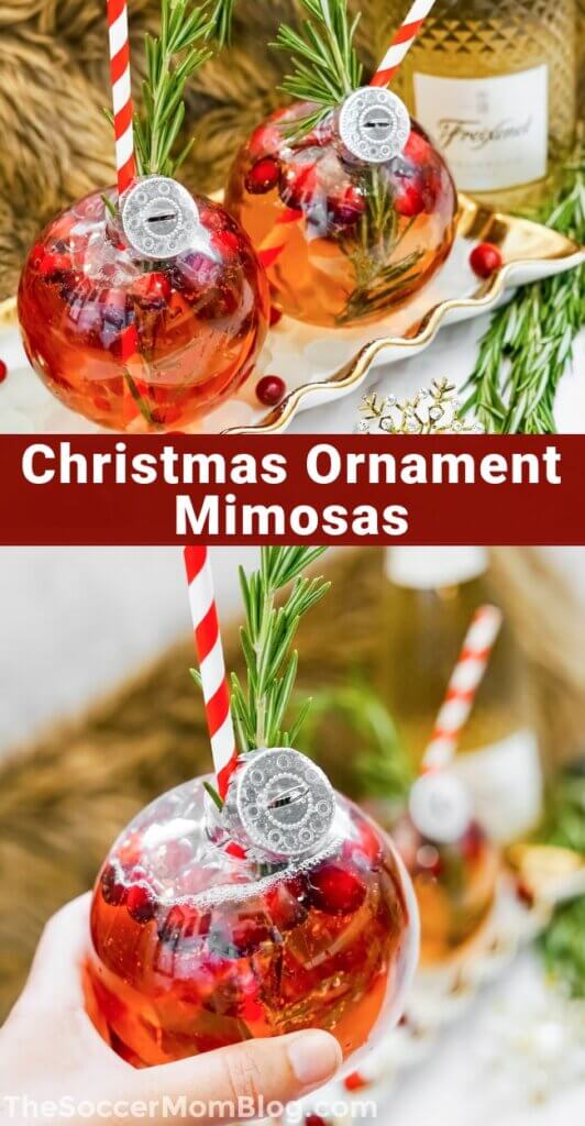 2 photo vertical collage showing a Christmas cocktail in an ornament