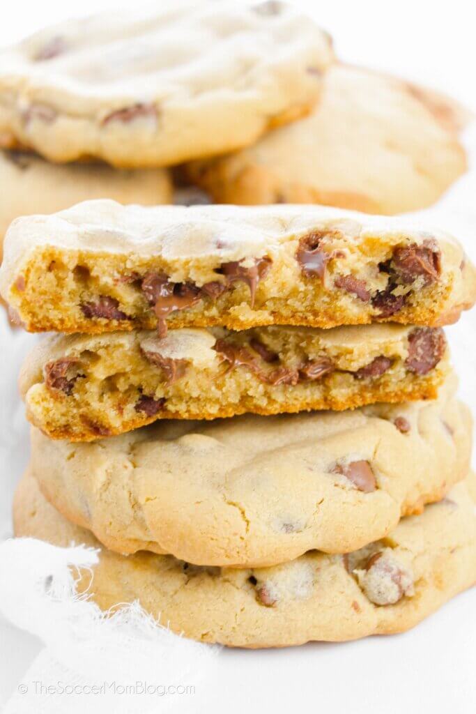 stack of warm, melty chocolate chip cookies