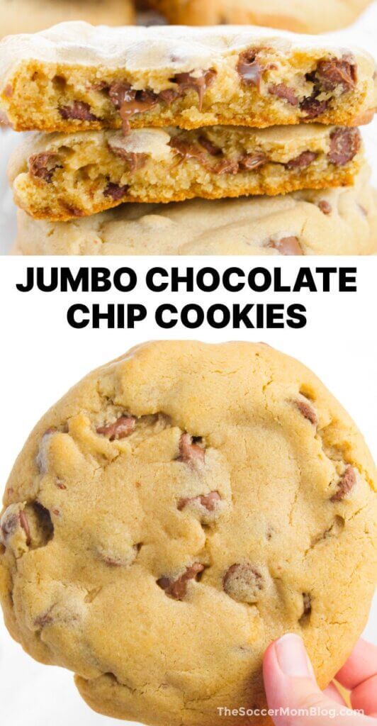 2 photo vertical Pinterest collage showing giant chocolate chip cookies