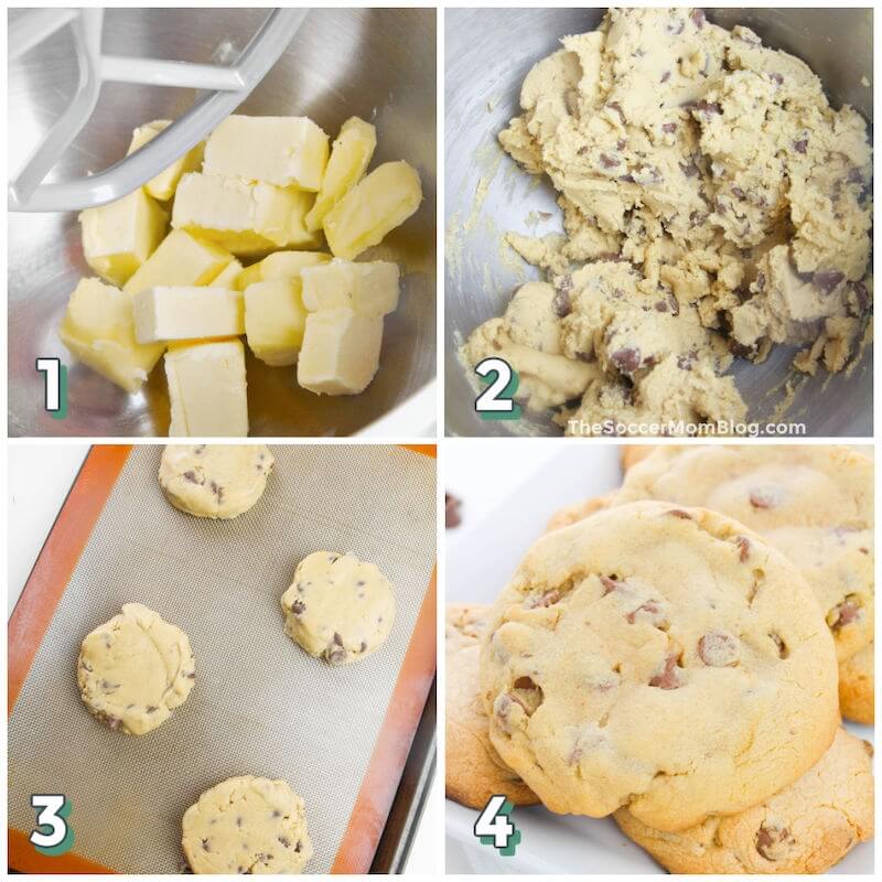 4 step photo collage showing how to make big chocolate chip cookies