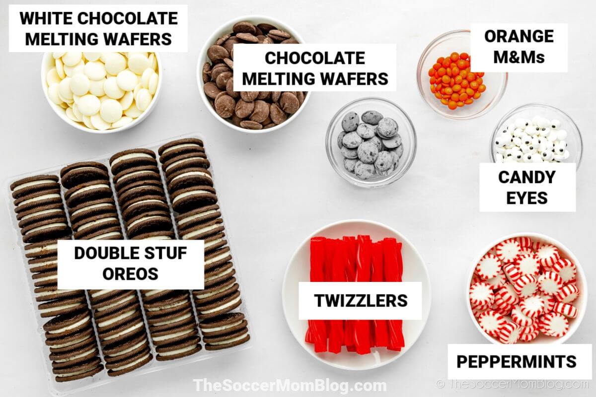 ingredients needed to make chocolate dipped penguin Oreos, with text labels
