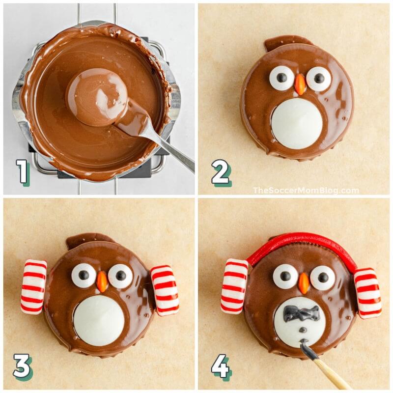 4 step photo collage showing how to decorate Oreo cookies to look like penquins
