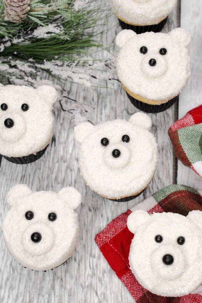 Polar bear cupcakes, decorated with white sprinkles