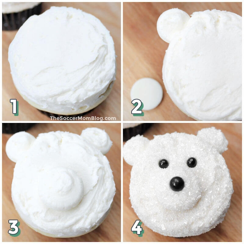 4-step photo collage showing how to decorate a cupcake to look like a polar bear