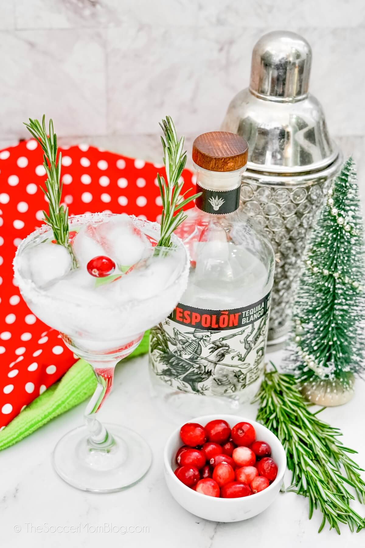 ingredients to make White Christmas Margaritas, with a finished cocktail
