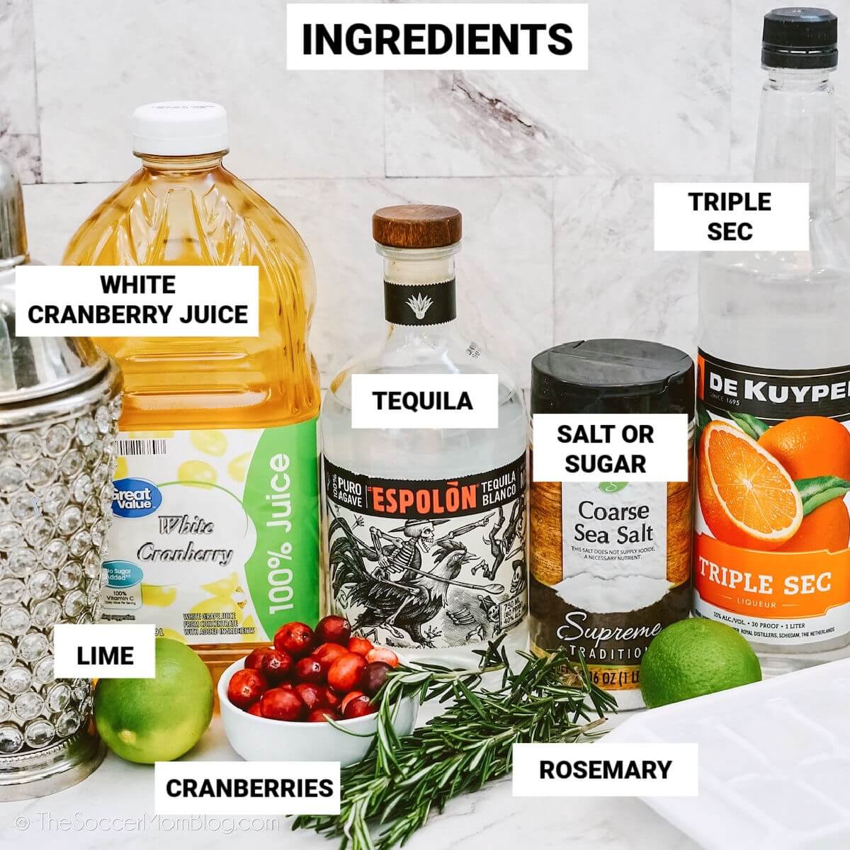 white Christmas margarita ingredients, with text labels