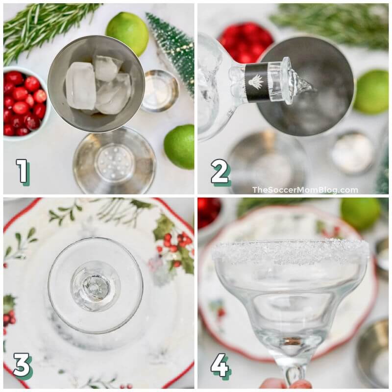4 step photo collage showing how to make a white Christmas margarita