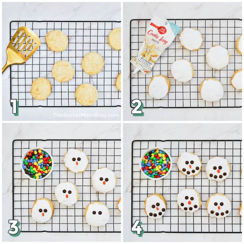4 step photo collage showing how to make easy decorated snowman cookies