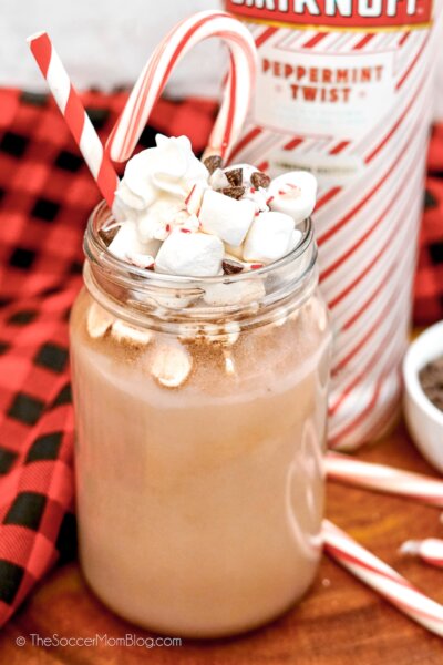 mason jar with spiked hot chocolate, topped with marshmallows