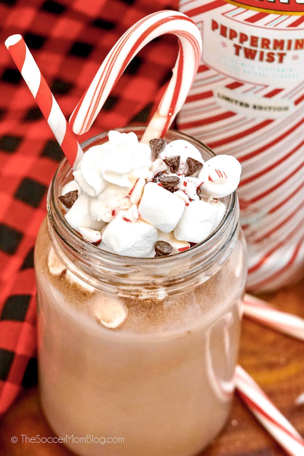 close up of a mug of hot chocolate with marshmallows and candy cane