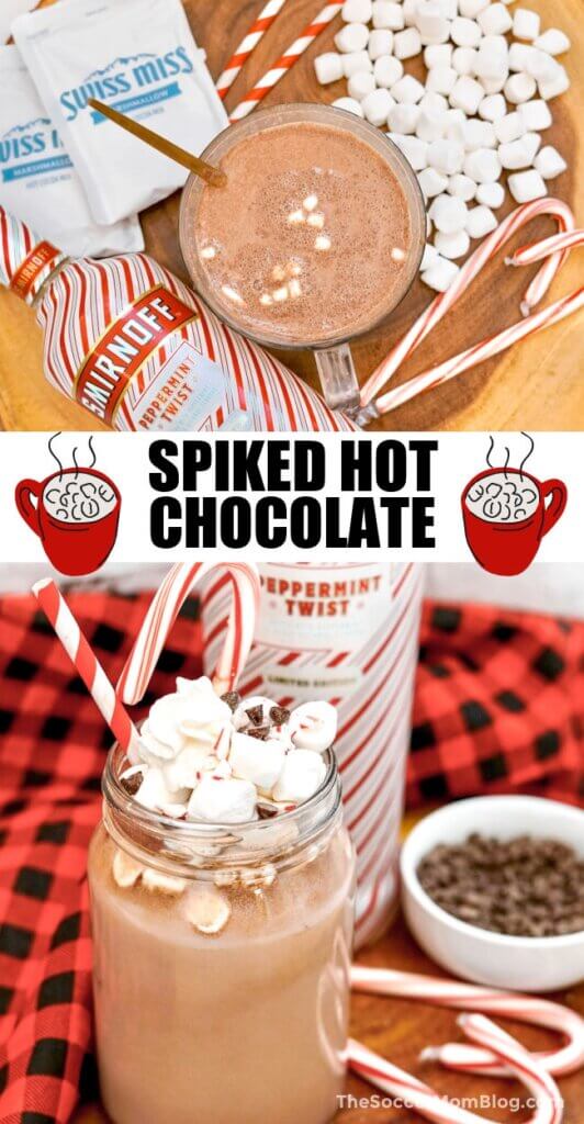 2 photo vertical Pinterest collage of boozy hot chocolate