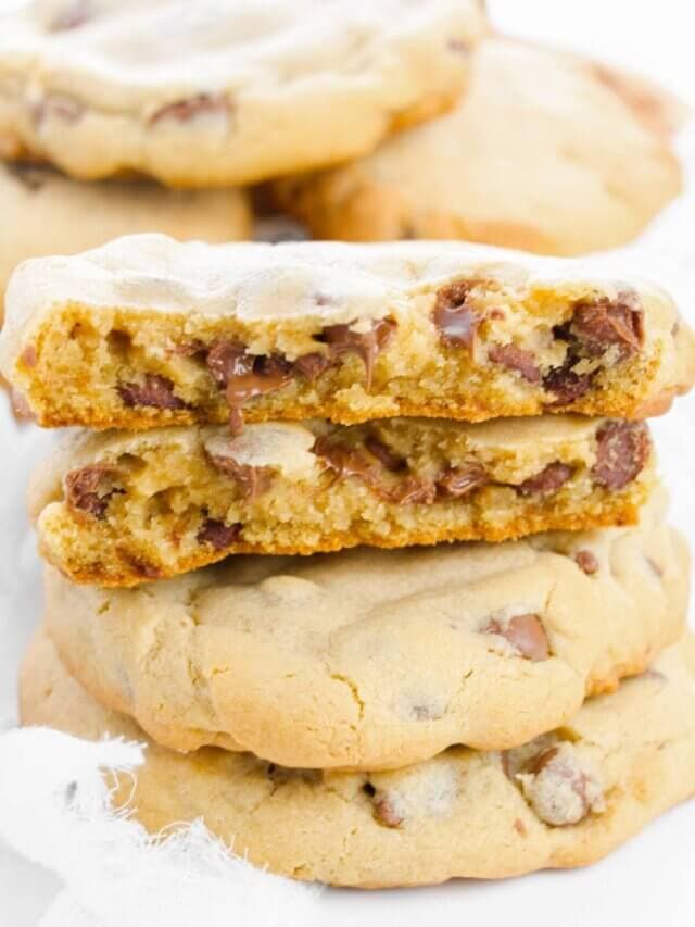 stack of warm, melty chocolate chip cookies