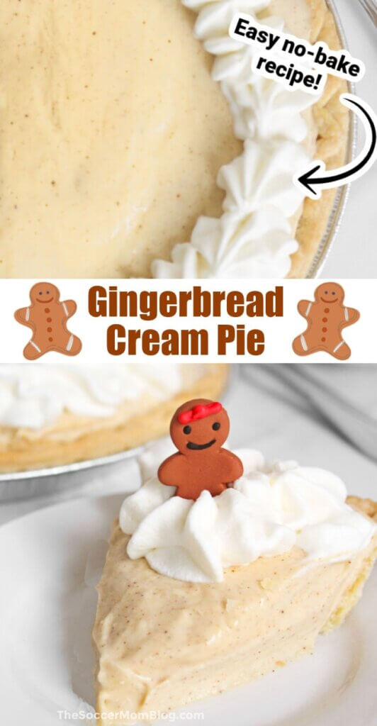 2 photo collage of gingerbread cream pie, whole pie and a slice