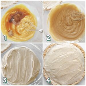 4 step photo collage showing how to make a gingerbread cream pie