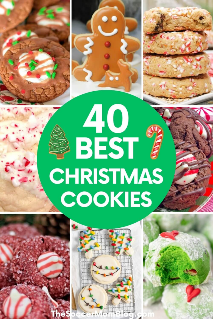 4 photo collage of cookies; text overlay "40 Best Christmas Cookies"