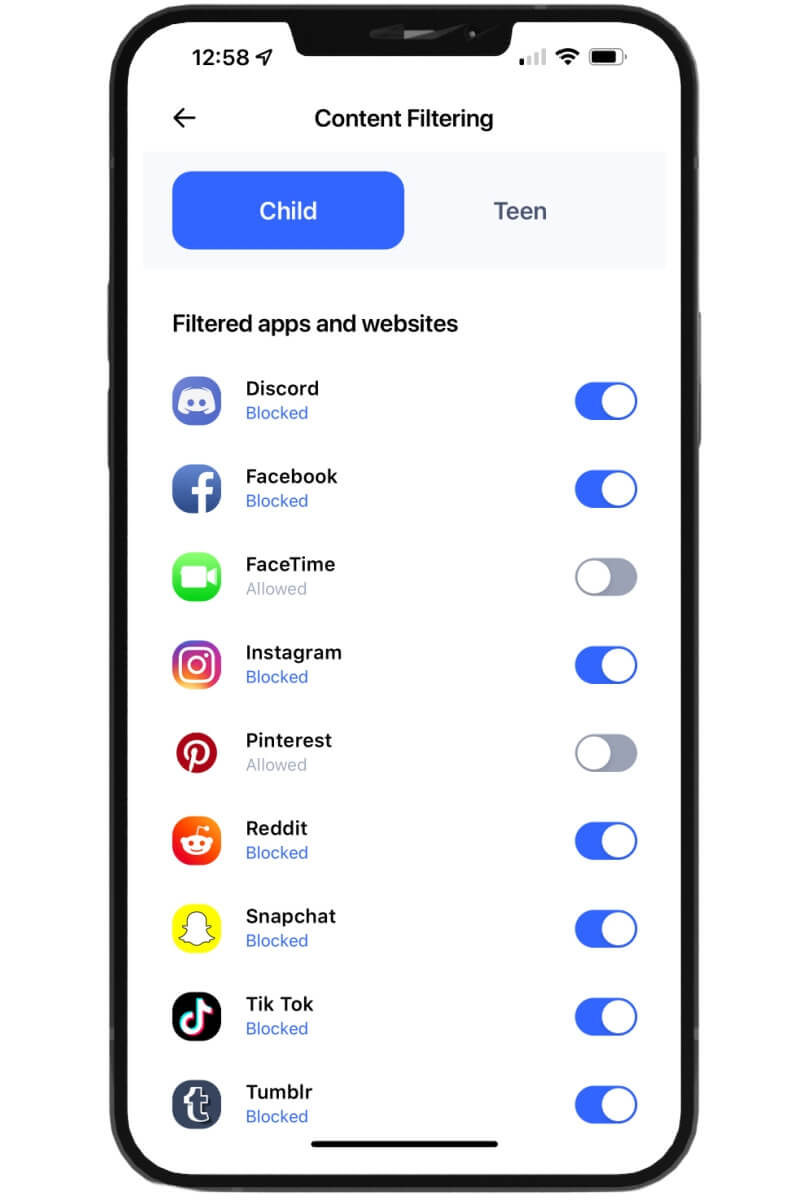 screenshot of parental control app with content filters