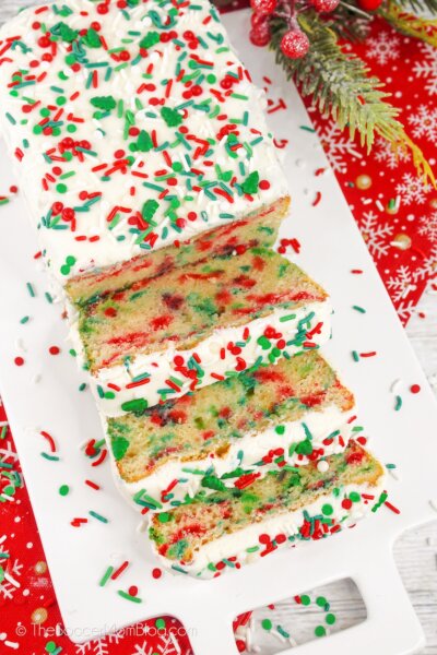 a red and green Christmas loaf cake