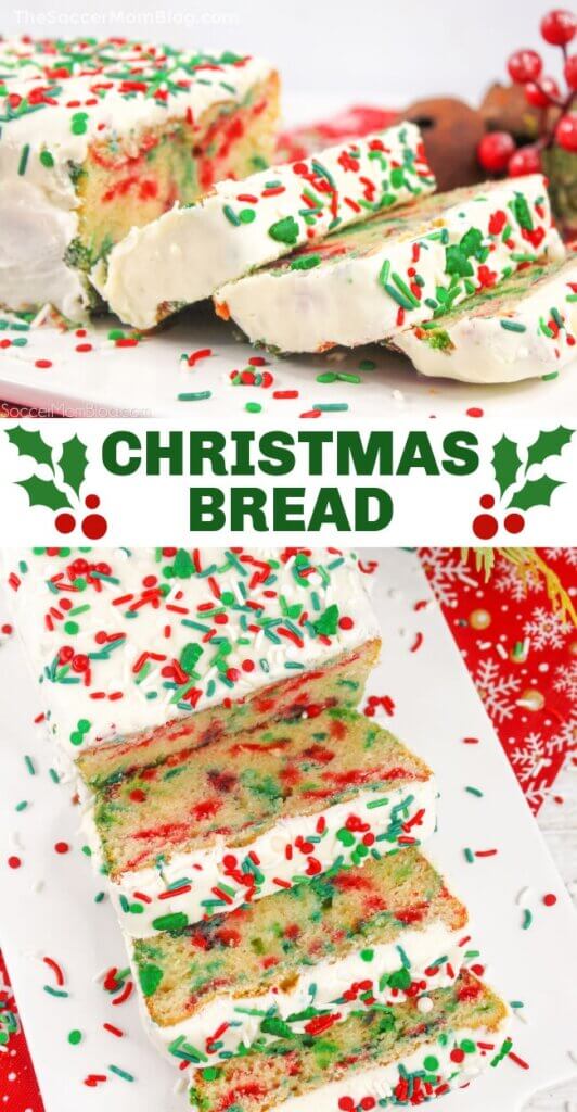2 photo Pinterest collage of red and green Christmas bread