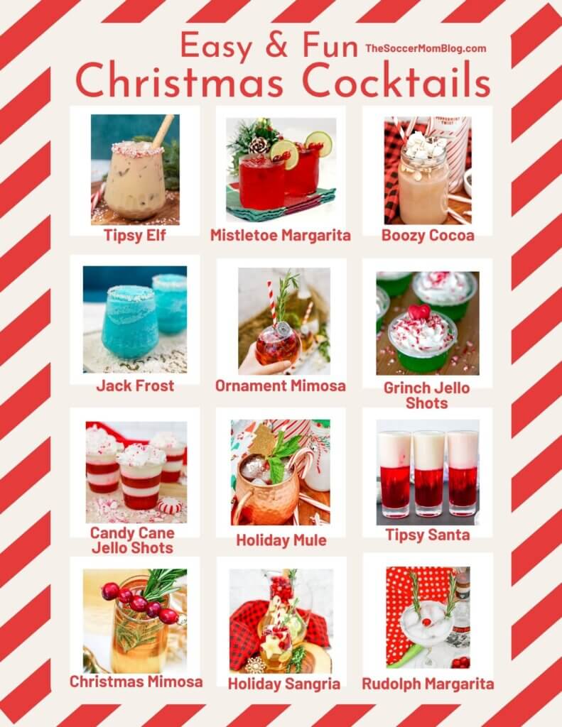 collage of 12 holiday cocktail photos, with recipe names