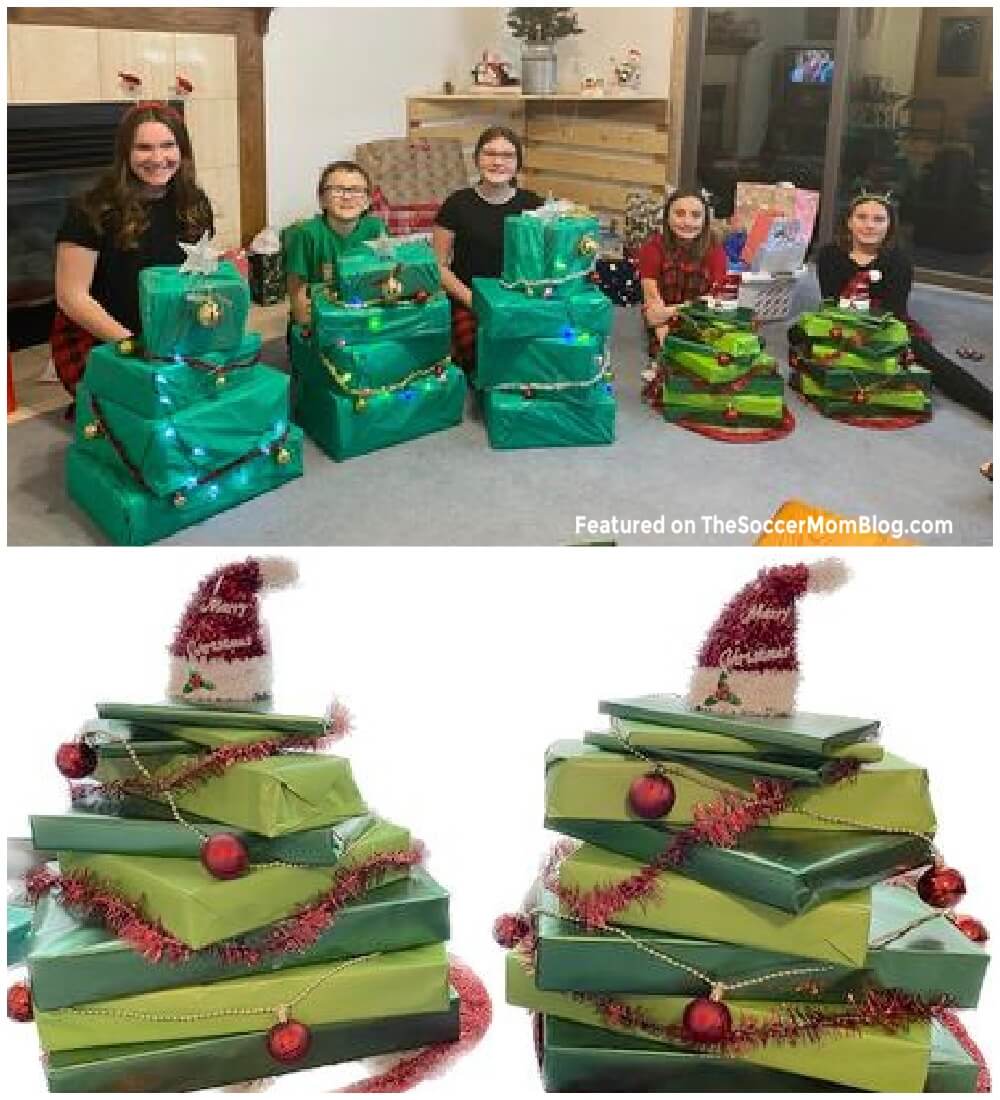 2 photo collage of gifts wrapped and stacked to look like a Christmas tree