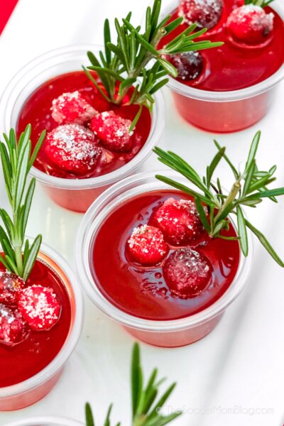 close up of red cranberry jello shots with cranberries on top