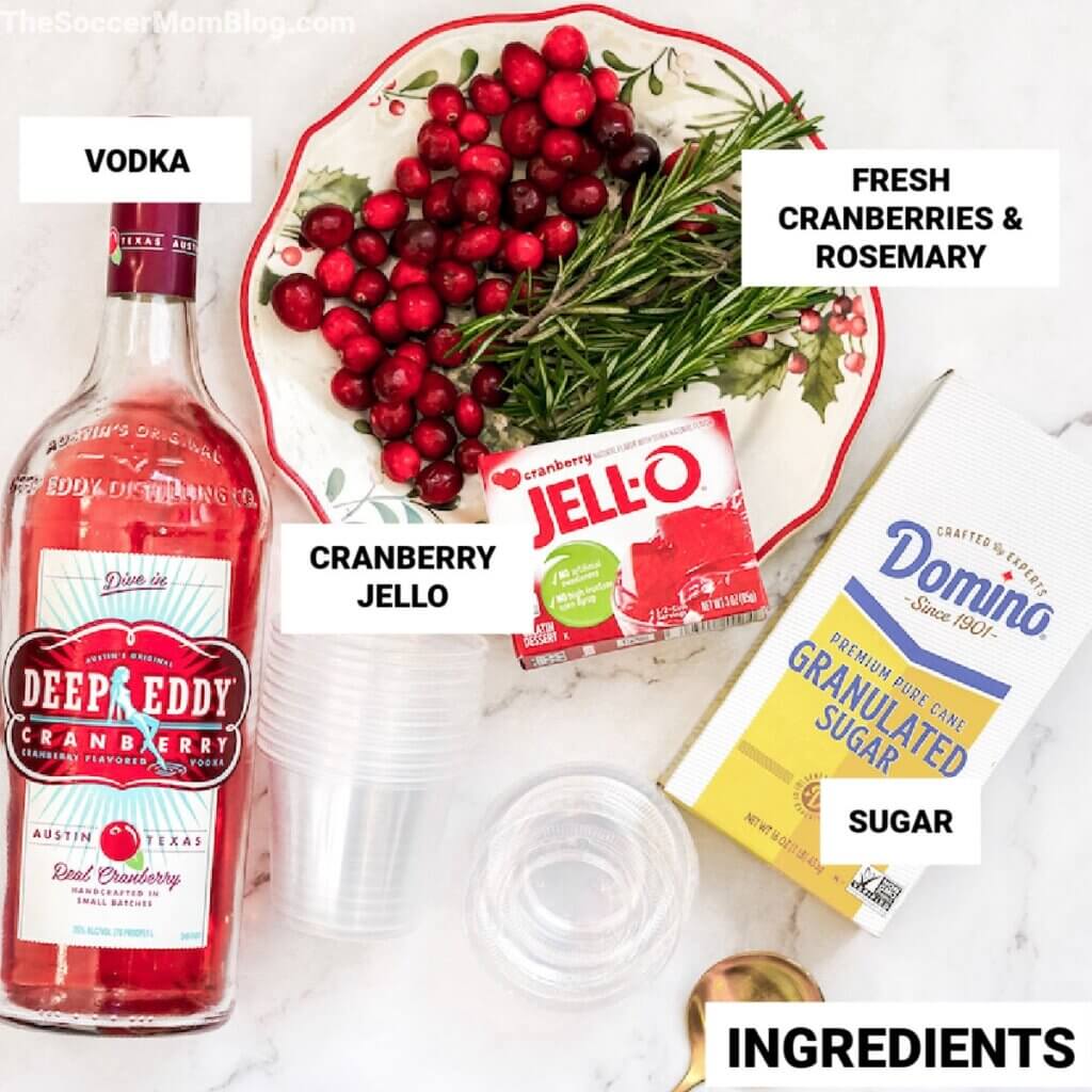 ingredients to make cranberry jello shots, with text labels