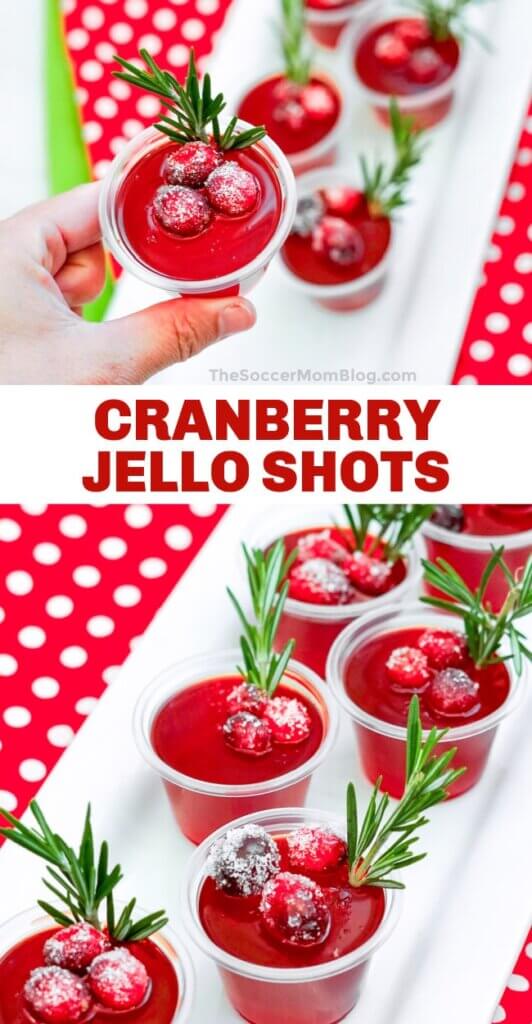 2 photo vertical pinterest collage of cranberry jello shots