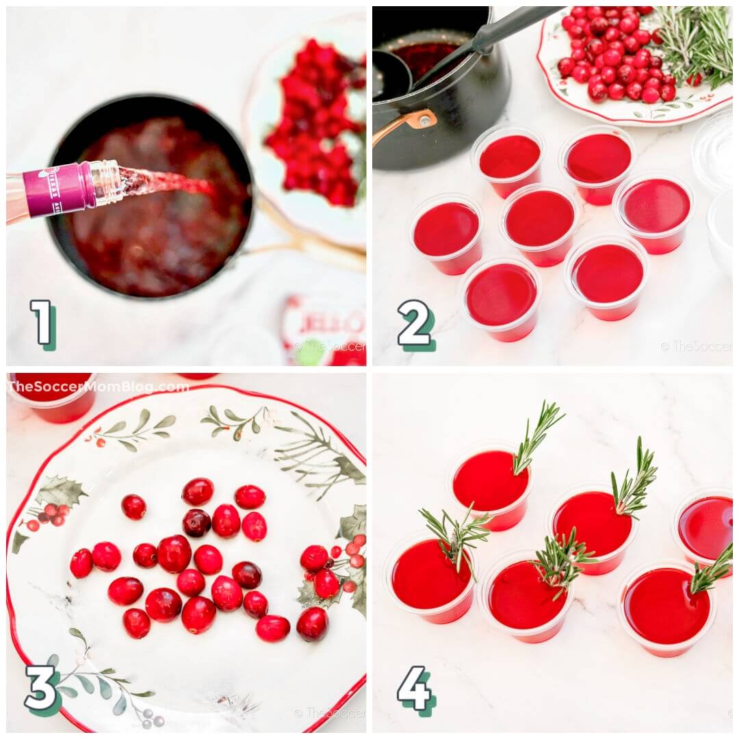 4 step photo collage showing how to make cranberry flavored jello shots