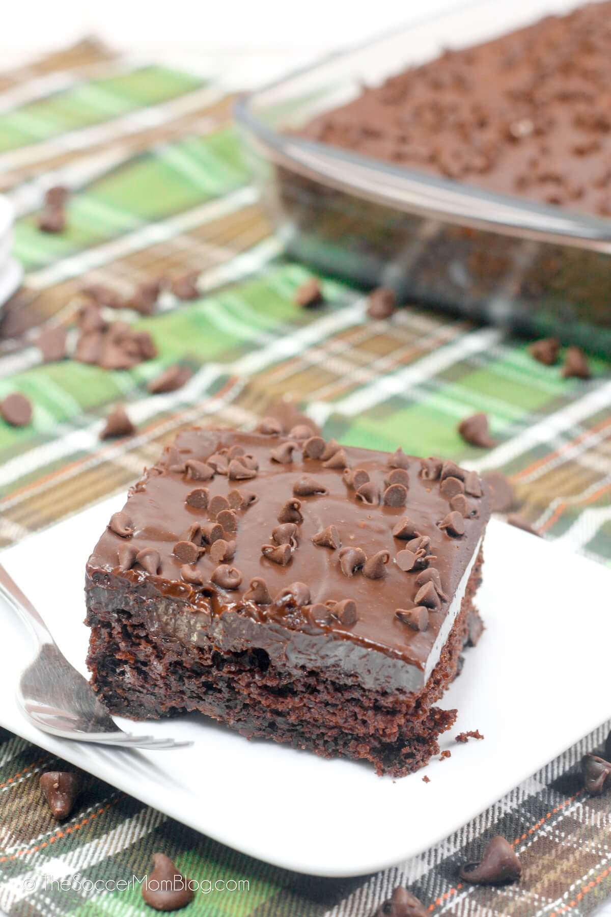 mint chocolate chip sheet cake slice, with cake in background