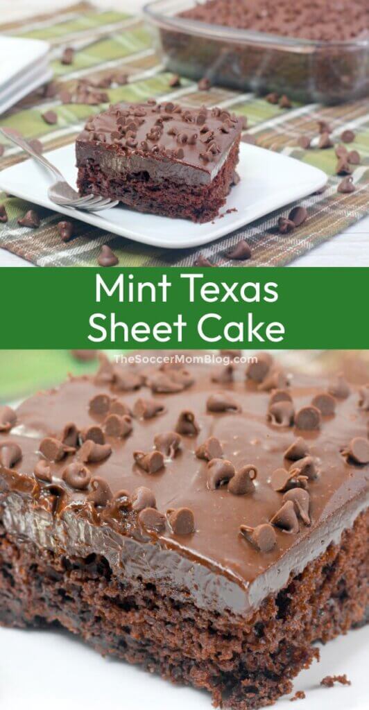 2 photo Pinterest collage of a Mint Texas Sheet Cake, with text of recipe name