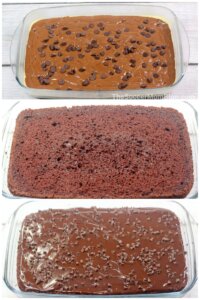 3 step photo collage showing how to make a mint chocolate sheet cake