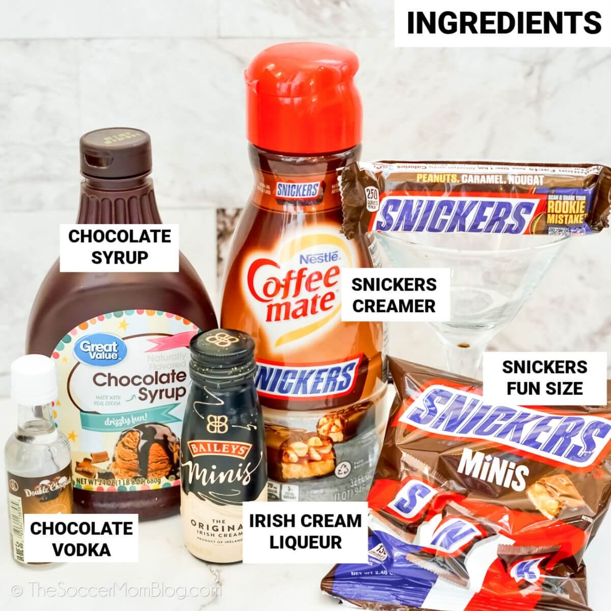 ingredients to make a Snickers flavored martini, with text labels