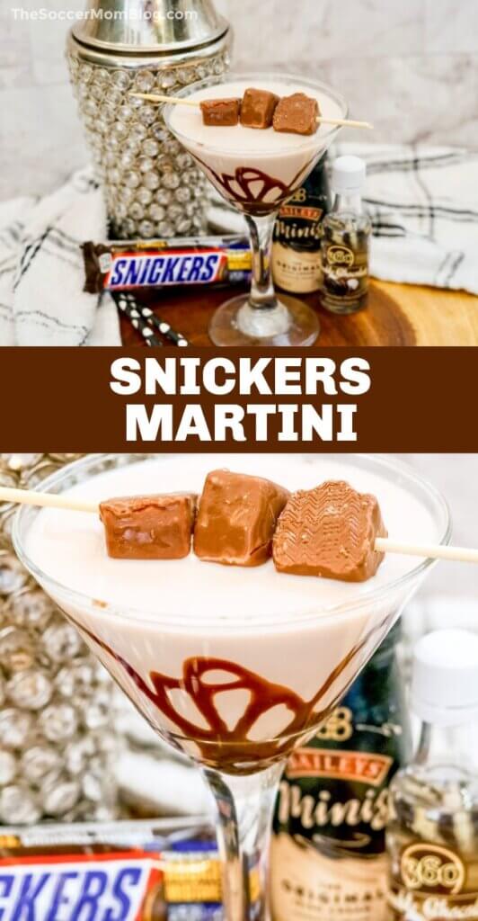 2 photo Pinterest collage showing a Snickers Martini