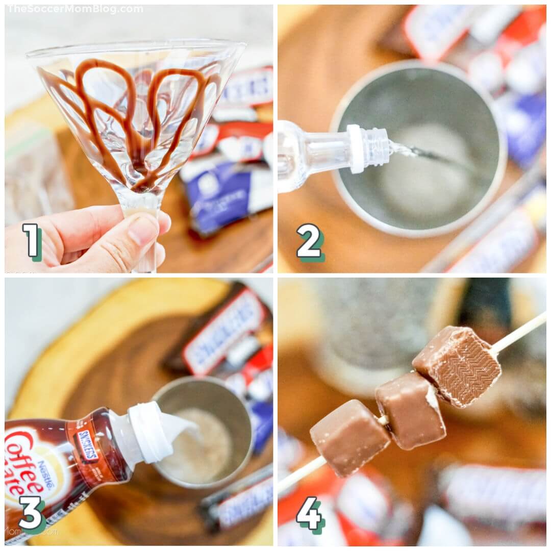 4 step photo collage showing how to make a Snickers martini
