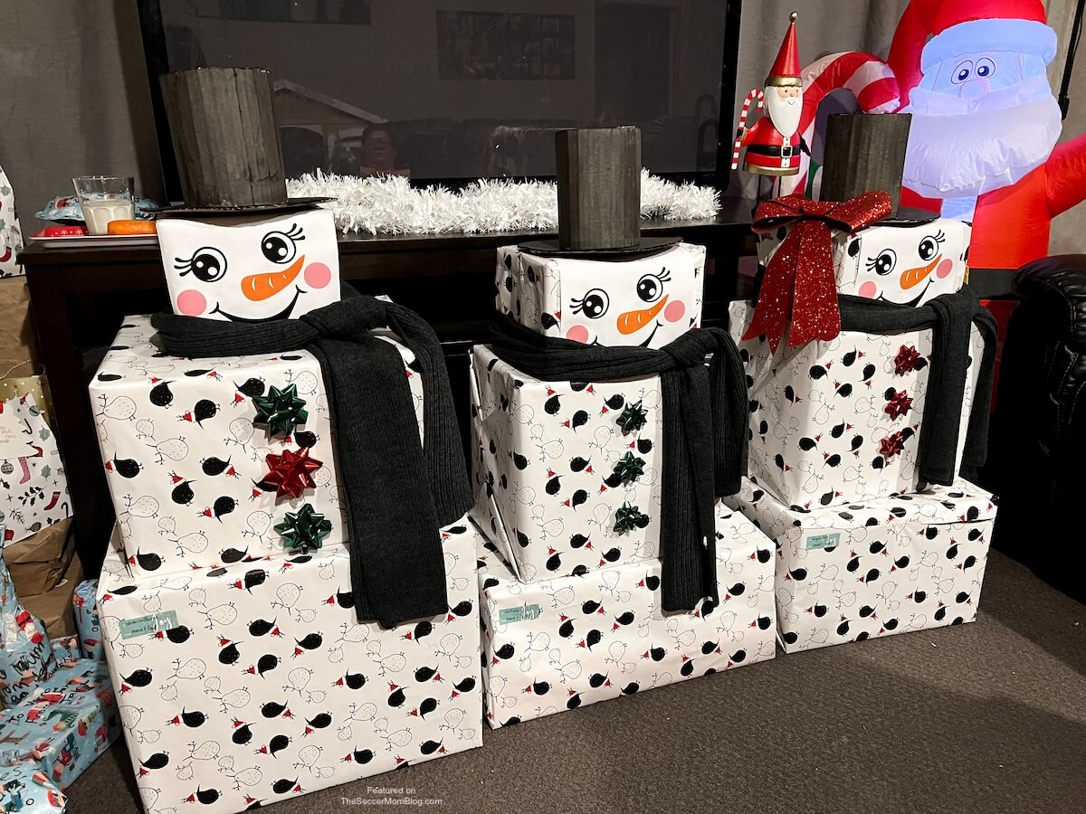 gifts stacked to look like snowmen