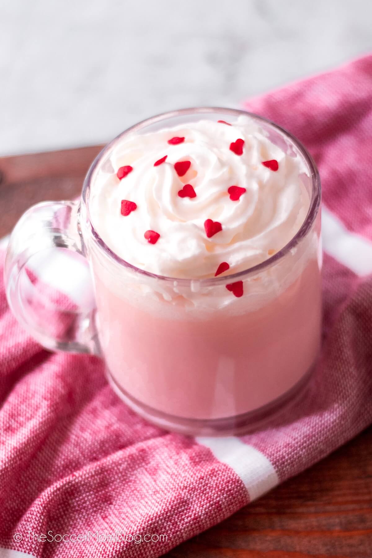 mug of pink hot chocolate for Valentine's Day