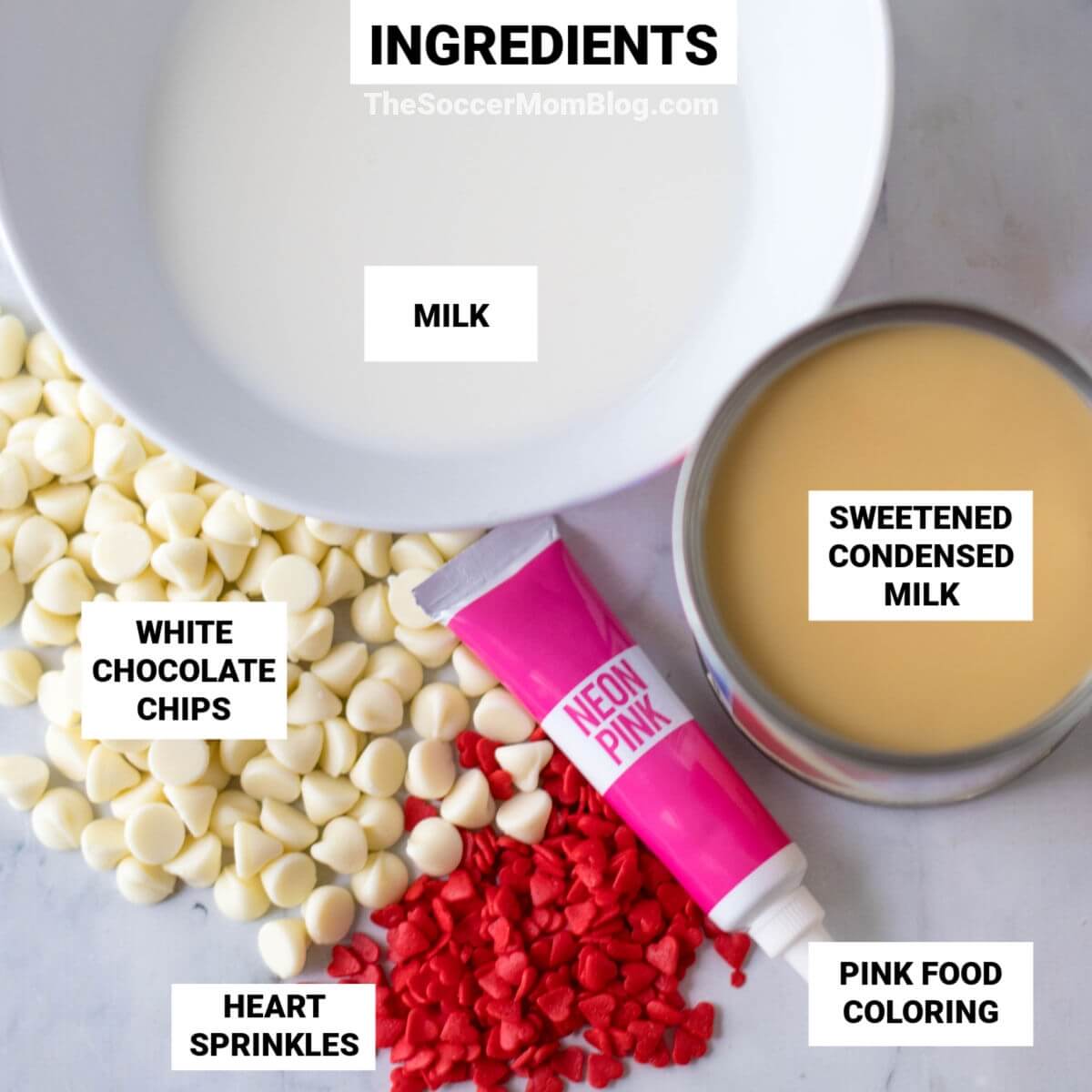 ingredients to make pink hot chocolate, with text labels