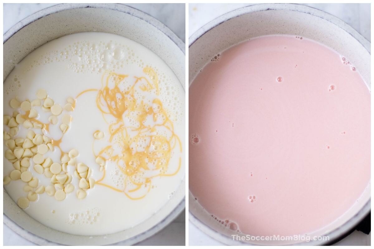 2 photo collage showing how to make pink hot cocoa