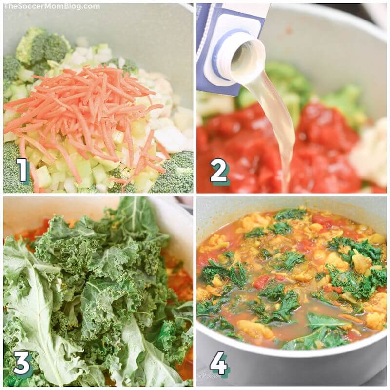 4-step photo collage showing how to make vegetable detox soup