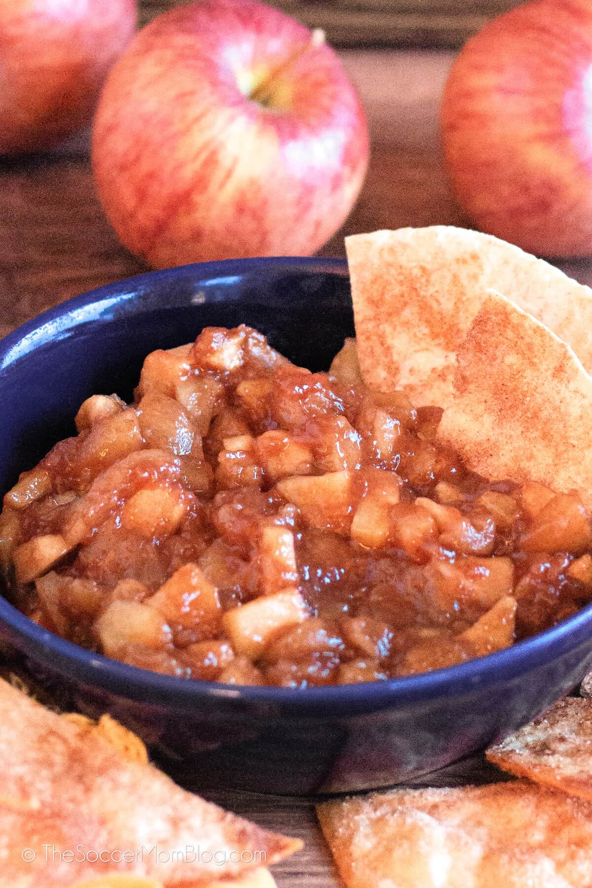 Apple Pie Dip in a ceramic bowl, with chips