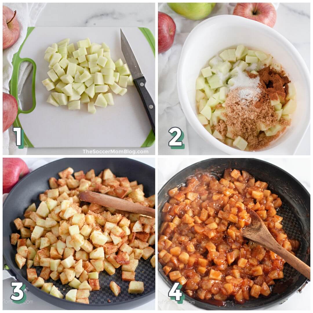 4 step photo collage showing how to make apple pie salsa