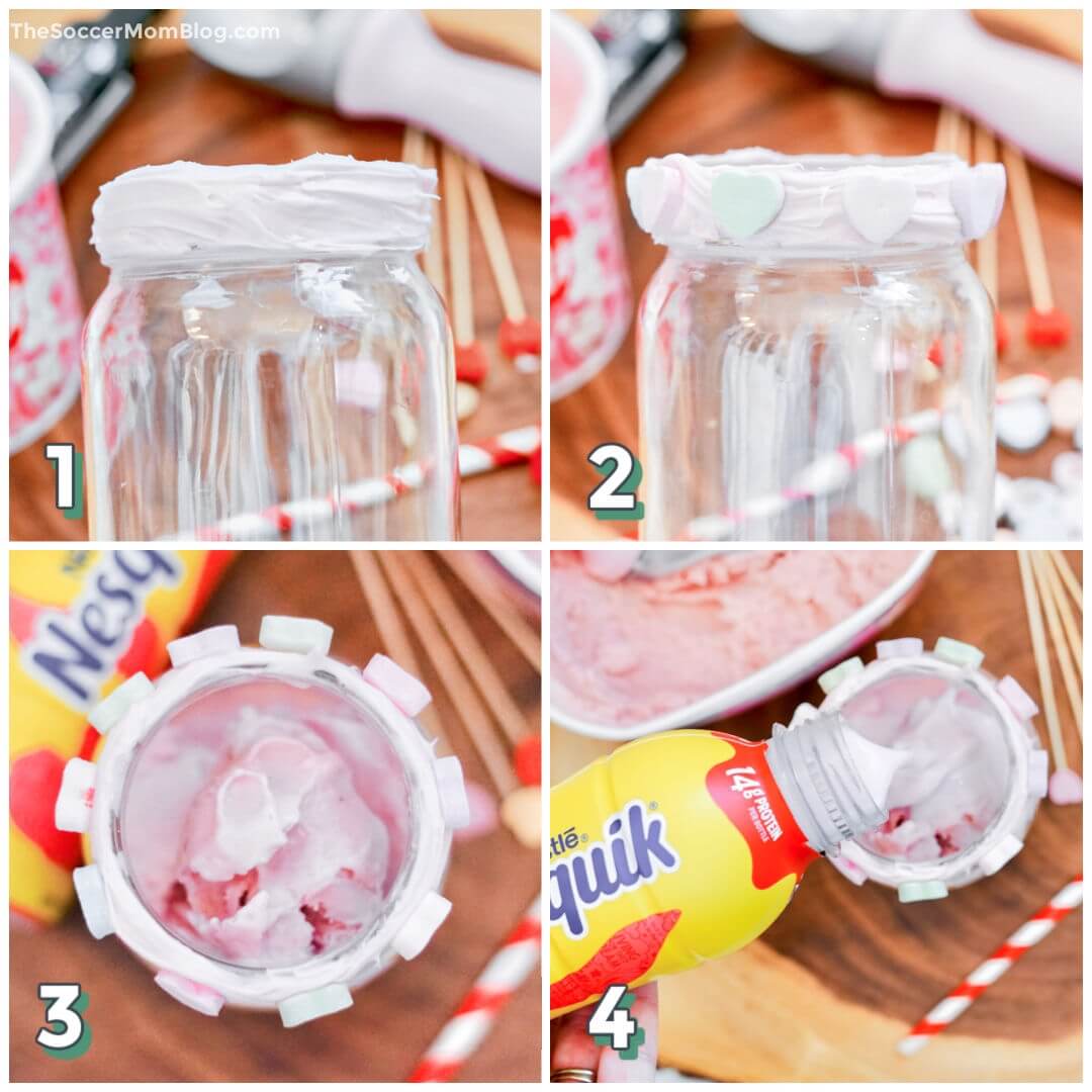 4 step photo collage showing how to make a Valentine milkshake