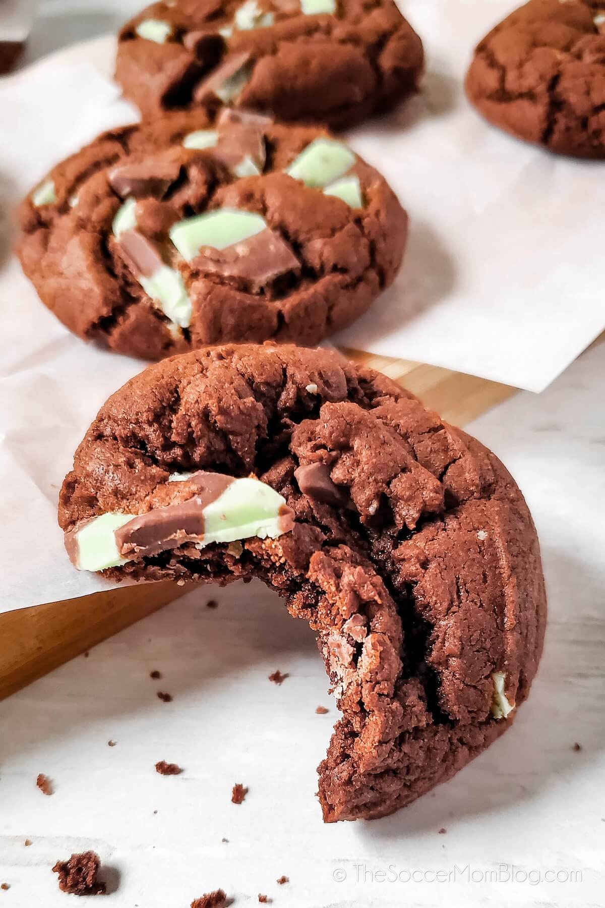 Mint Chocolate Chip Cookies, one with a bite taken out