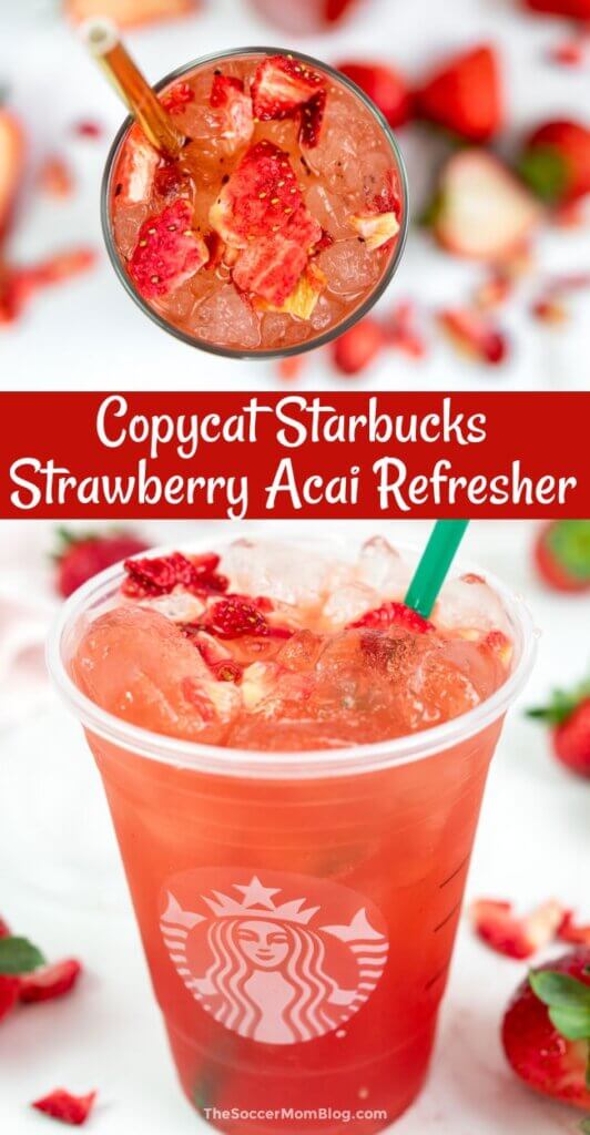 2 photo vertical Pinterest collage of strawberry acai refresher